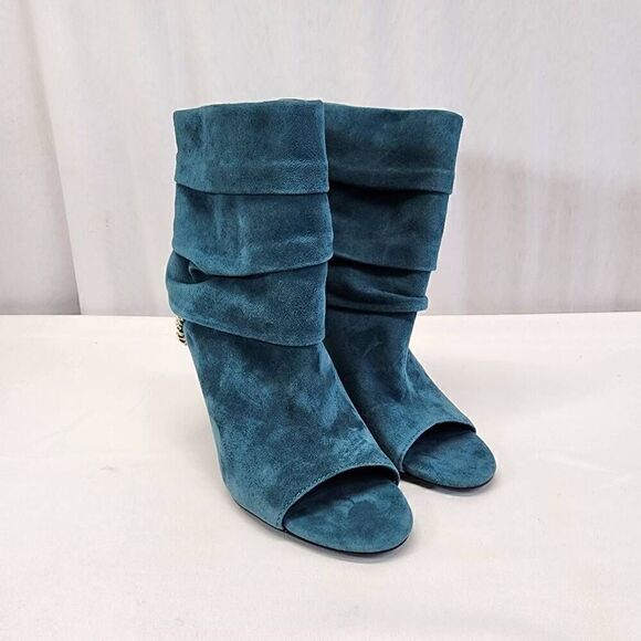 GUESS Adilee Teal Chain Pleated Peep Toe Stiletto Leather Booties Aize 9.5 M - Picture 3 of 11